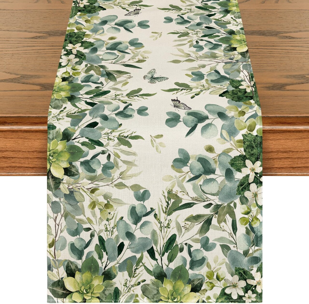 Green Flowers Floral Eucalyptus Summer Table Runner, Seasonal Spring Kitchen Dining Table Decoration for Home Party Decor